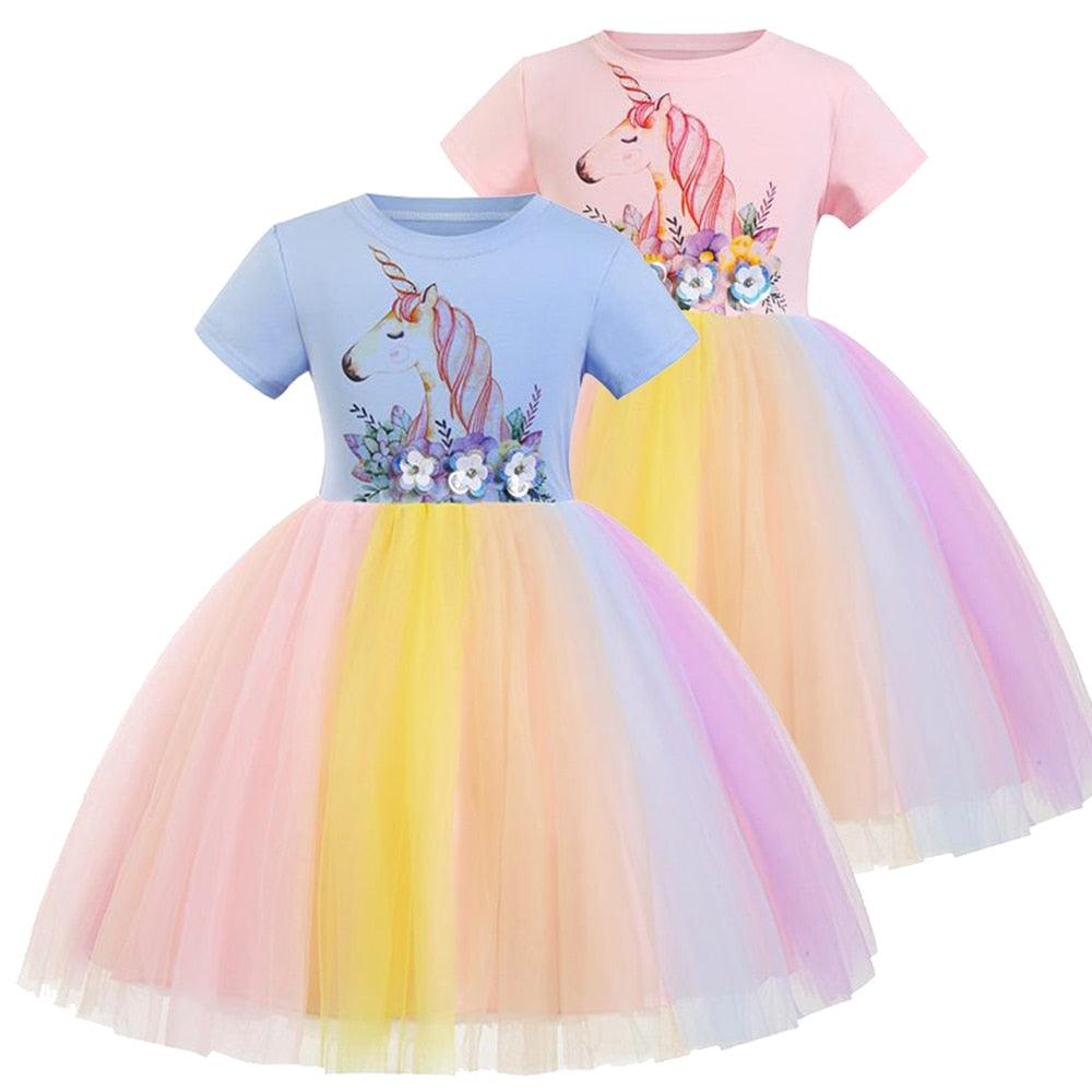 Robe Déguisement Fee Licorne Costume Princesse Enfants Fille Arc En Ciel  Tulle Manches Courtes Imprimées Avec