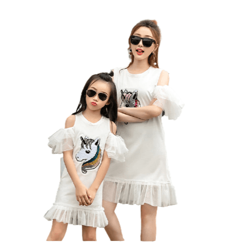 Matching Unicorn Mother Daughter Dresses With Fancy Ruffles Unicorn