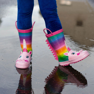 Multicolor striped unicorn rain boots
