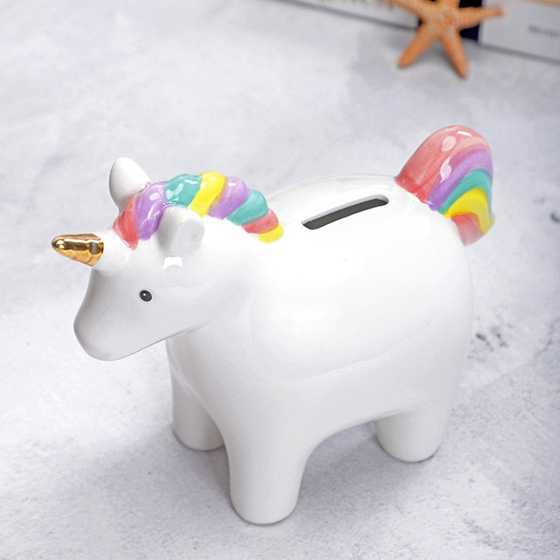 Rainbow Mane White Unicorn Piggy Bank