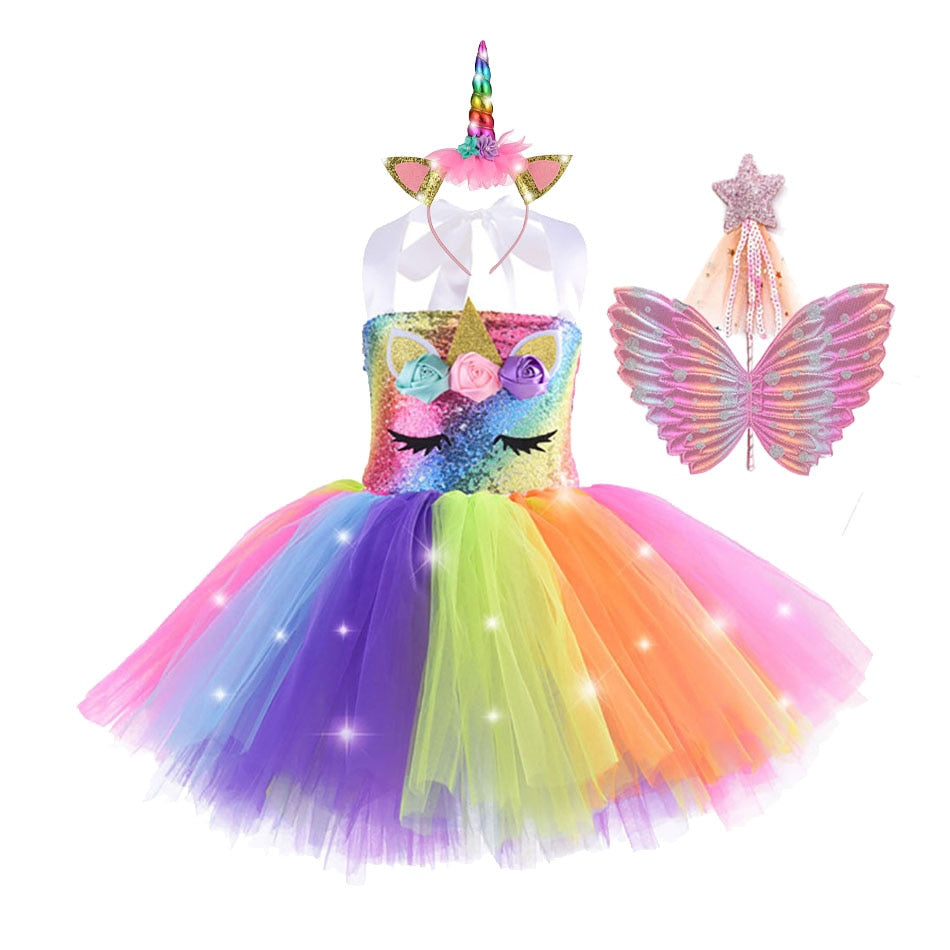 Licorne lumineuse fille robe d'été mode LED enfants Halloween princesse  arc-en-ciel robes + bande de cheveux costume fête sans manches enfants
