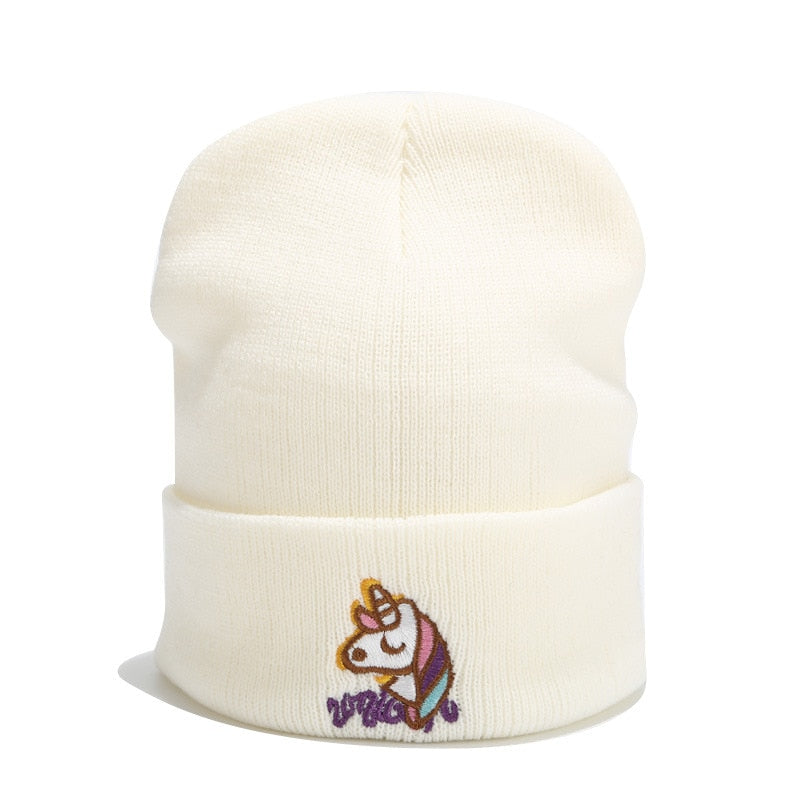 Embroidered Unicorn Cuff Beanie For Girls and Women