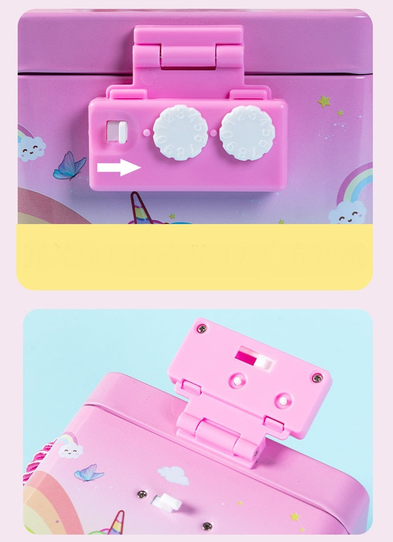Pink unicorn piggy bank with coded closure