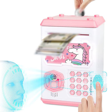 Unicorn piggy bank with facial recognition and fingerprints