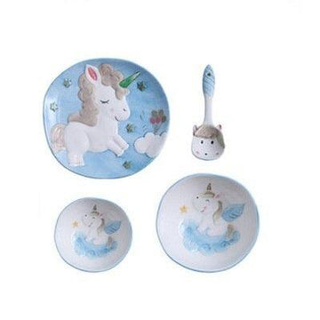 3 platos de porcelana azul unicornio