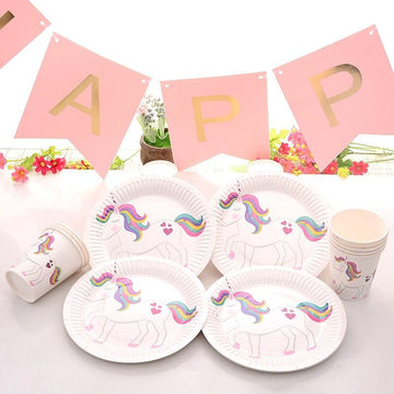 Set of 10 white disposable unicorn plates