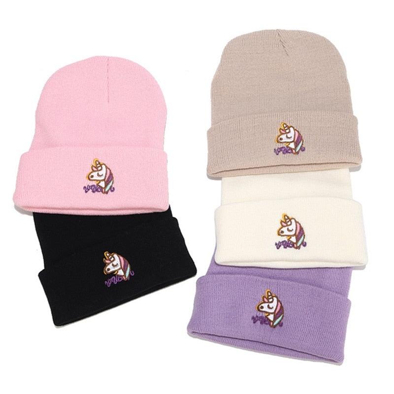 Embroidered Unicorn Cuff Beanie For Girls and Women