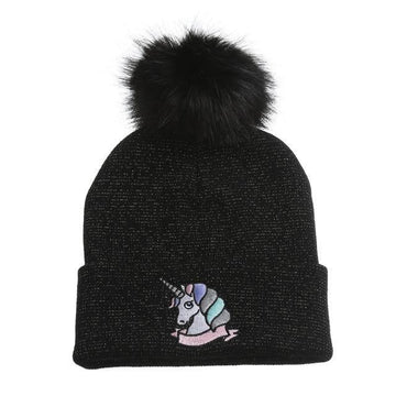 Unicorn Hat Embroidery With Black Fur Pom Poms - Unicorn