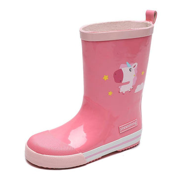 Shiny pink unicorn rain boots