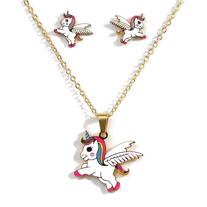 Pendientes y collar con colgante de unicornio arcoíris - Unicornio