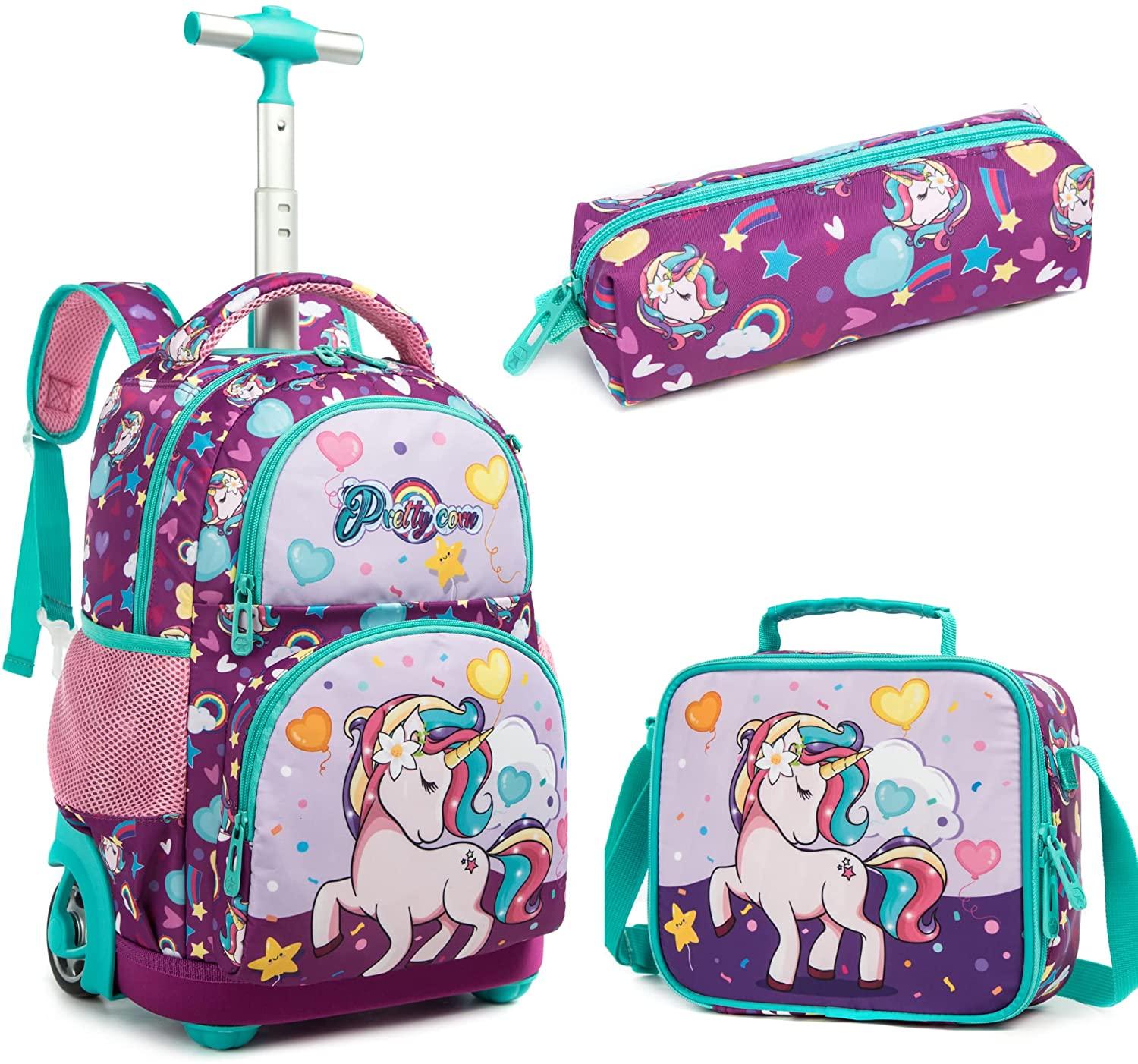 3-piece unicorn school bag with zipper and wheels - Unicorn