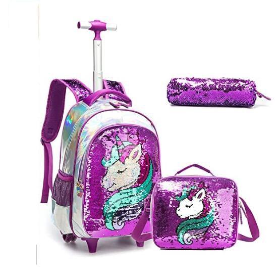 Cartable roulette licorne sequins