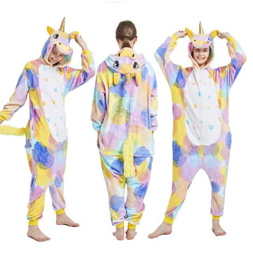 Purple yellow unicorn jumpsuit for kids and adults