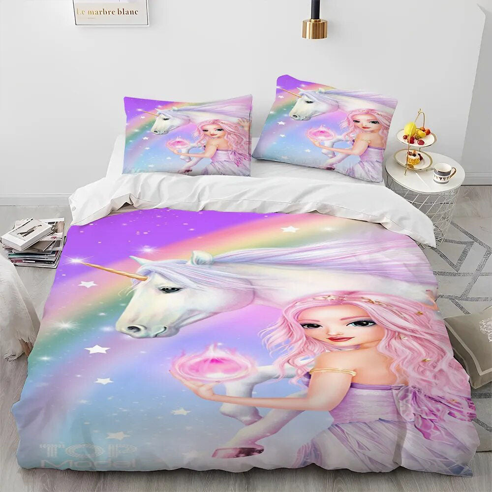 Housse de Couette Licorne Fille Parure de Lit Licorne Enfant 3D - Sets