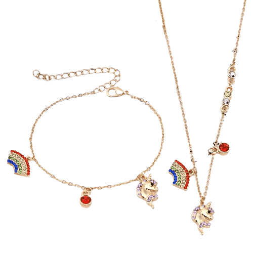 Unicorn Necklace and Bracelet Set With Red Crystal - Unicorn