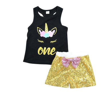 Unicorn black tank top & gold shorts set for girls