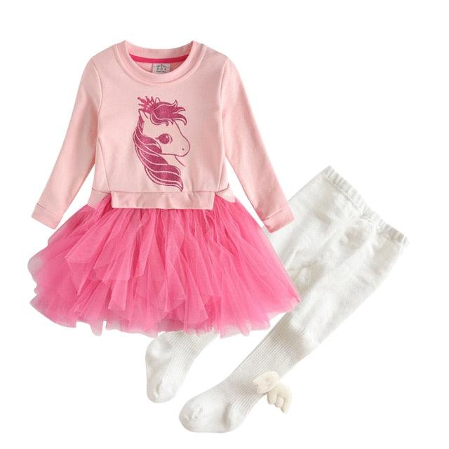 Girl's pink tutu dress & white tights unicorn set