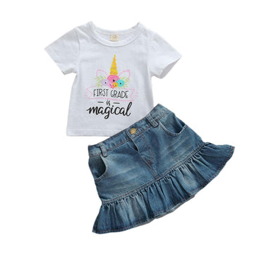 Girl's unicorn t-shirt & denim skirt set