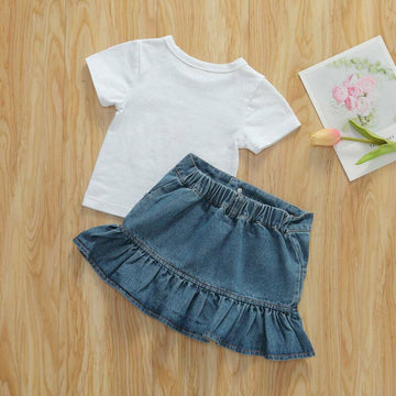 Girl's white t-shirt & denim skirt unicorn set