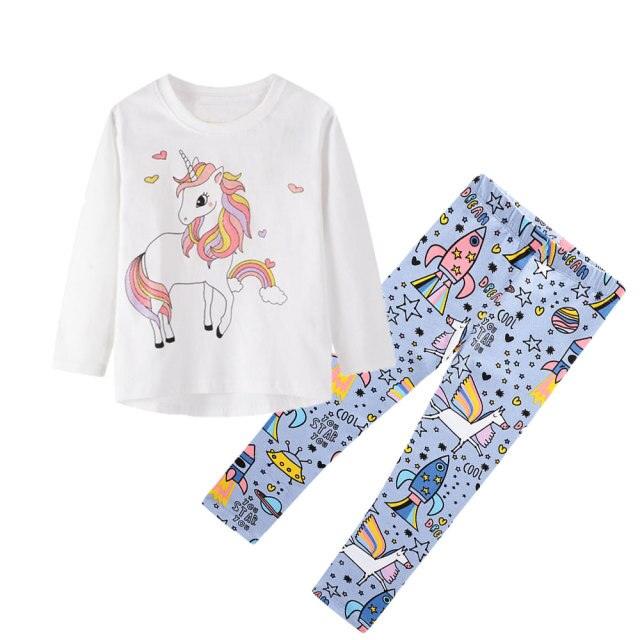 Girls' white unicorn t-shirt & blue pants set