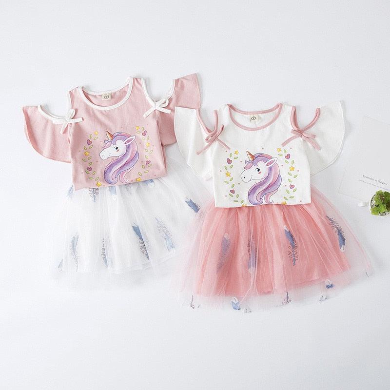 Unicorn off-the-shoulder top & bow tie set with a girl's tutu skirt