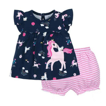 Conjunto bebé niña túnica azul y bombacho rayas rosas y blancas unicornio