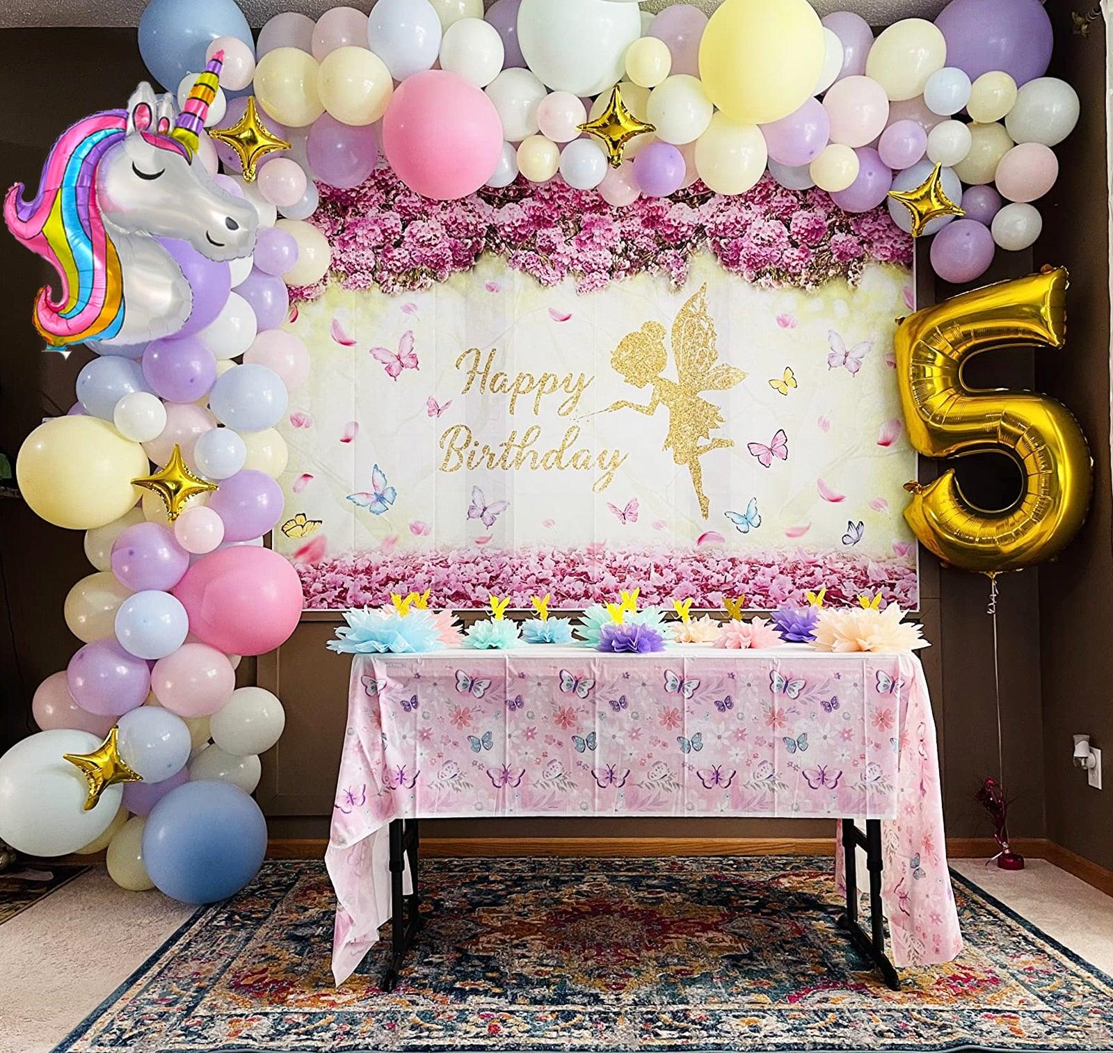 Unicorn balloon garland with a Happy Birthday background