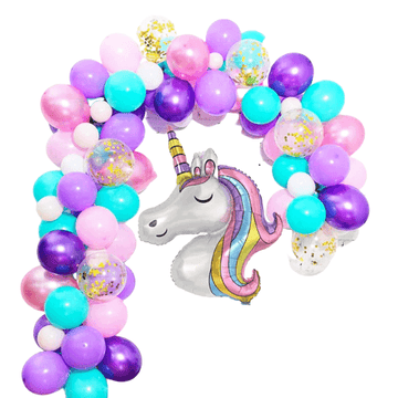 Guirnalda de globos decorativos y su unicornio multicolor