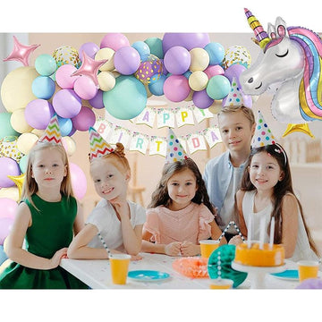 Guirnalda y serpentina de globos de unicornio feliz cumpleaños