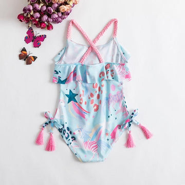 Girl's unicorn swimsuit with braided straps