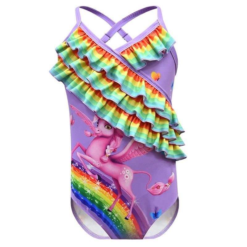 Unicorn swimsuit with crossed straps and fancy ruffles