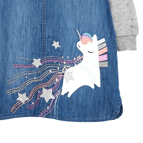 Girls Long Sleeve Denim Unicorn Fleece Dress - Unicorn