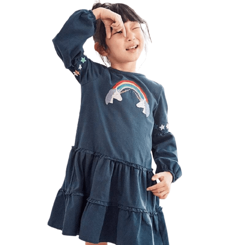 Blue unicorn dress with puff sleeves