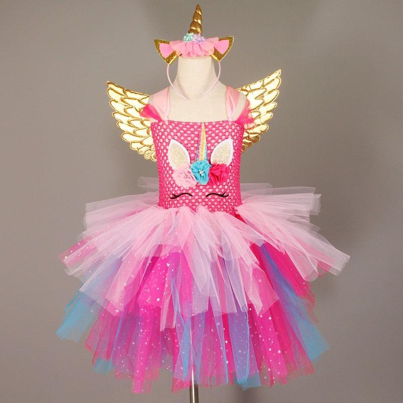 Pink butterfly unicorn dress with gold wings and headband