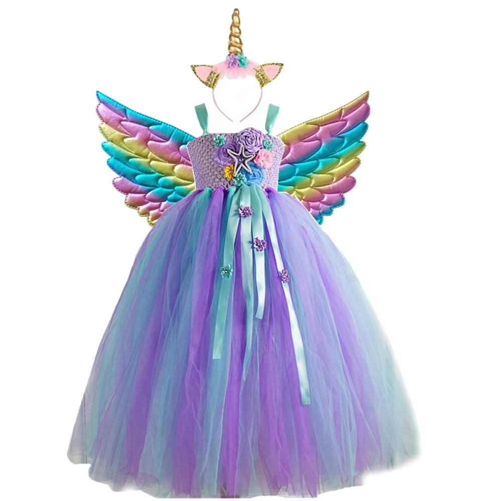 Girls' long purple unicorn costume dress